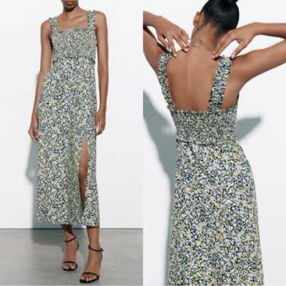 Zara Linen Micro Floral Smocked Side Slit Maxi Dress Size XL - Picture 1 of 9